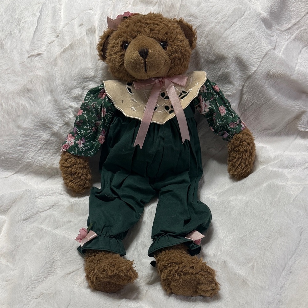 **3/$15** Green Floral Dressed Teddy Bear Shelf Sitter. 18” Long